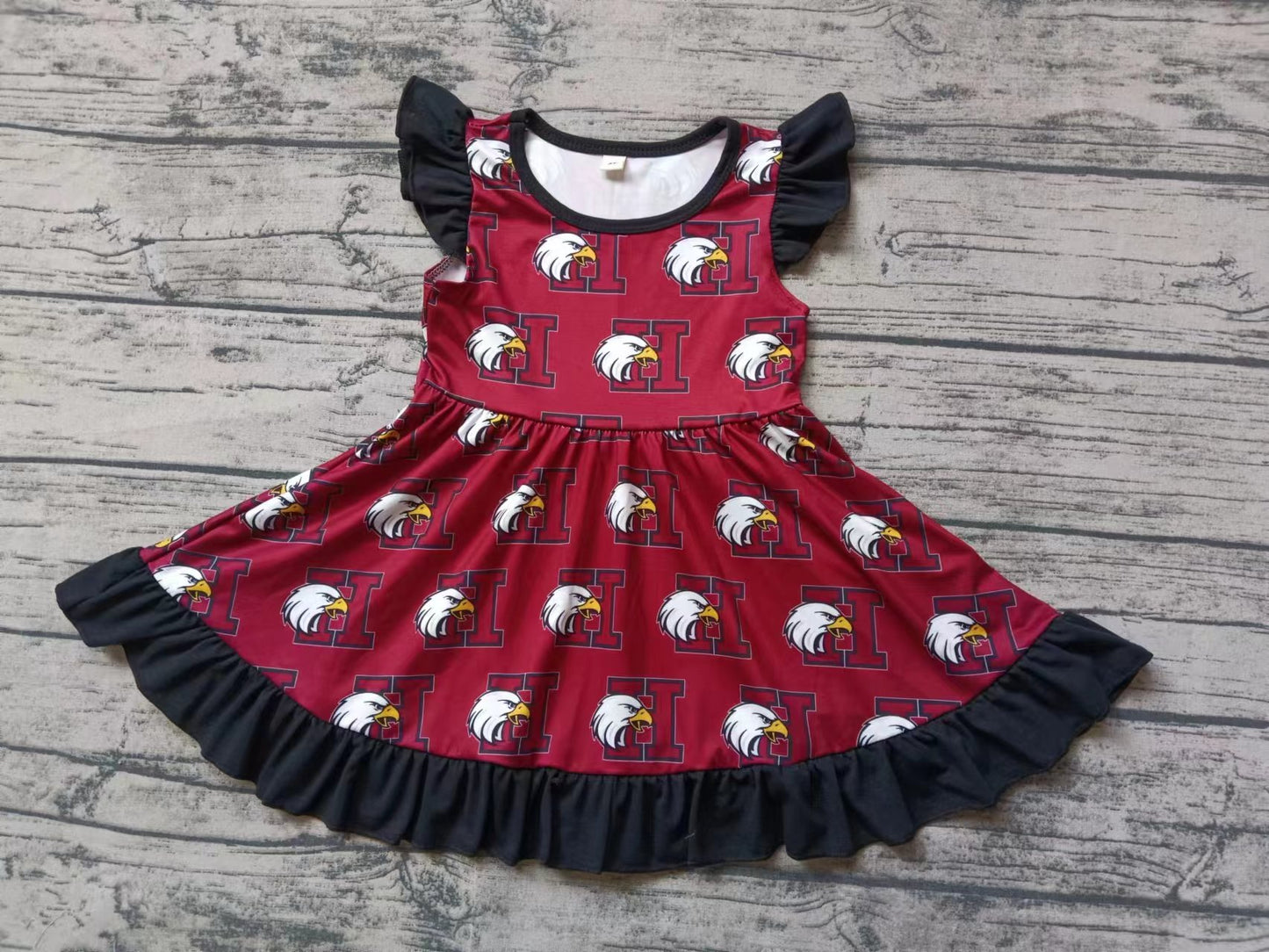 Baby Girls Team Red Eagles Flutter Sleeve Knee Length Dresses Preorder(moq 5)