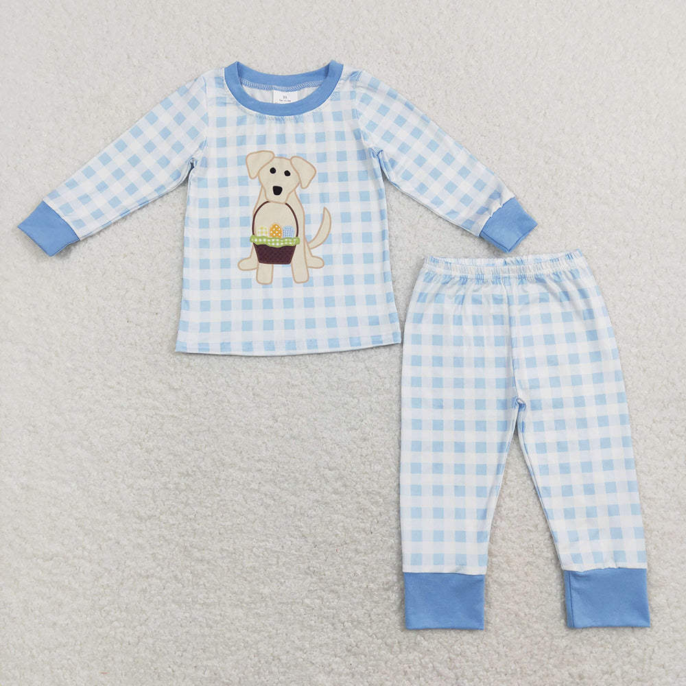 Baby Boys Blue Checkered Dog Easter Eggs Top Pants Pajamas Clothes Sets