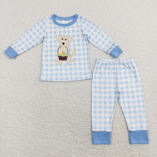 Baby Boys Blue Checkered Dog Easter Eggs Top Pants Pajamas Clothes Sets