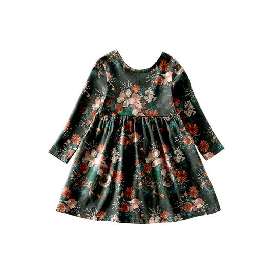 Baby Girls Fall Grey Flowers Knee Length Dresses preorder(moq 5)