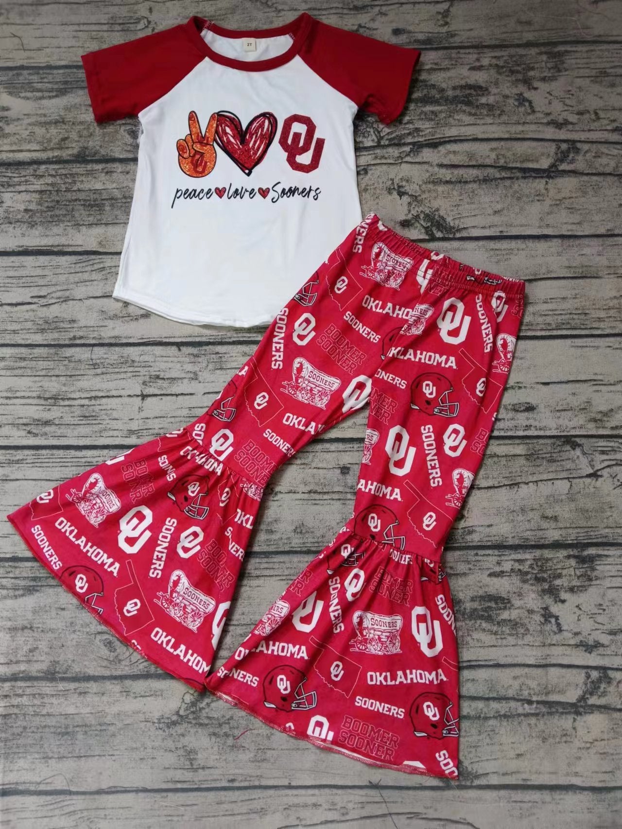 Baby Girls Peace Love Red Team Short Sleeve Tee Shirt Bell Pants Clothes Preorder(moq 5)