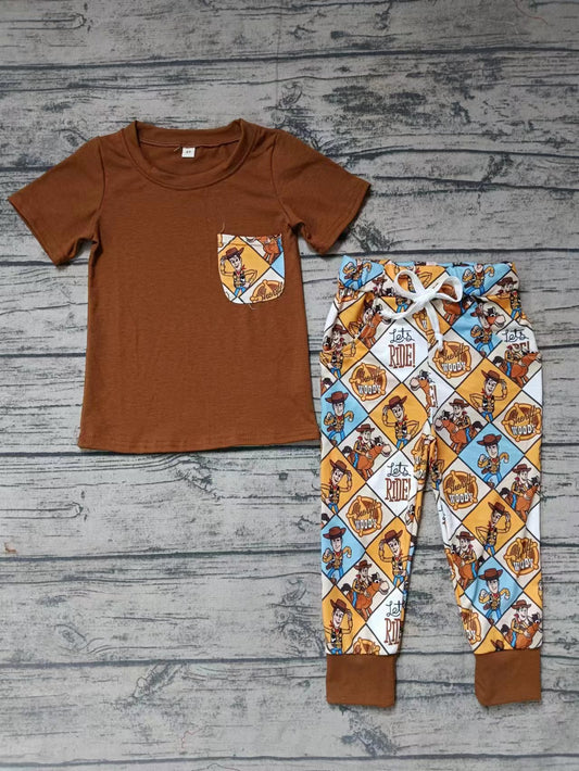 Baby Boys Brown Short Sleeve Toy Pocket Tee Shirt Pants Clothes Preorder(moq 5)