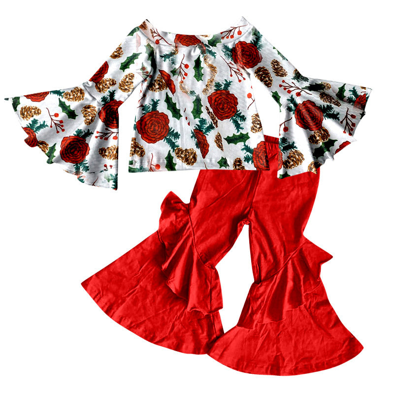 Baby Girls Rose Shirts Red Ruffle Pants Clothes Sets preorder(moq 5)