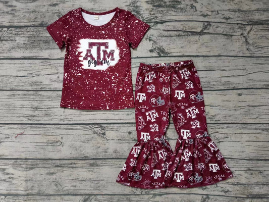 Baby Girls ATM Dark Red Team Short Sleeve Tee Shirt Bell Pants Clothes Preorder(moq 5)