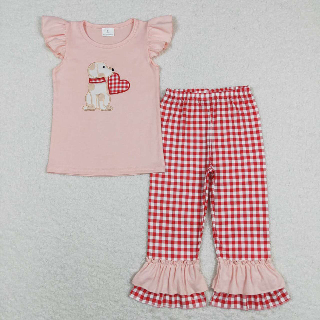 Baby Girls Valentines Dog Hearts Tee Shirts Top Ruffle Pants Outfits Clothes Sets