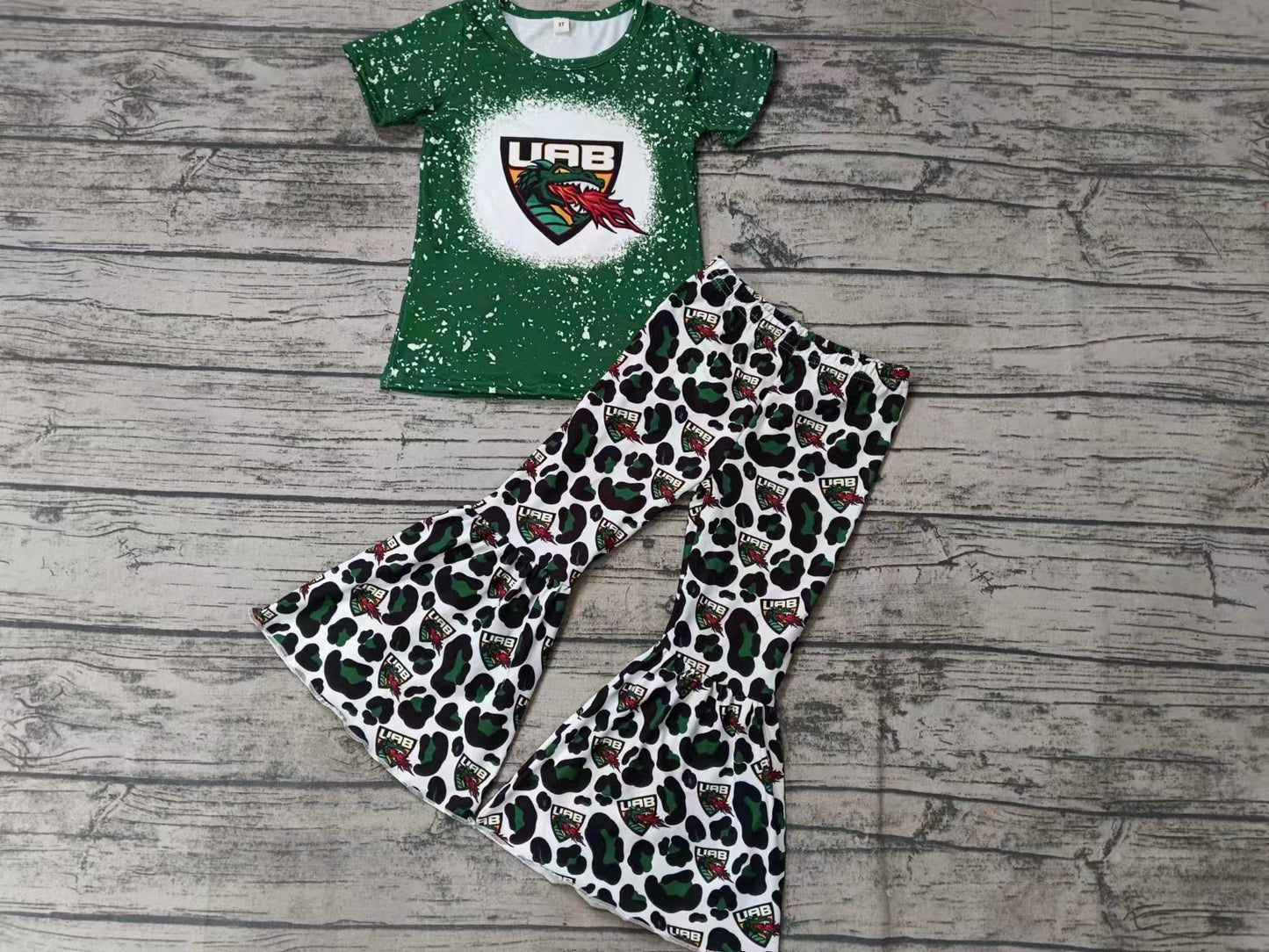 Baby Girls Green Team Short Sleeve Tee Shirt Bell Pants Clothes Preorder(moq 5)