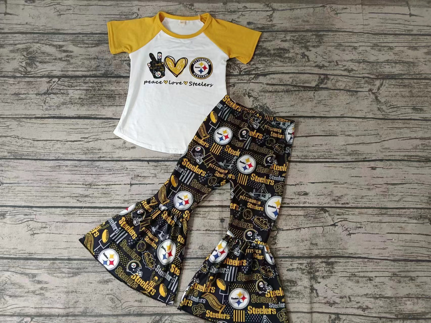 Baby Girls Peace Love Team Short Sleeve Tee Shirt Bell Pants Clothes Preorder(moq 5)