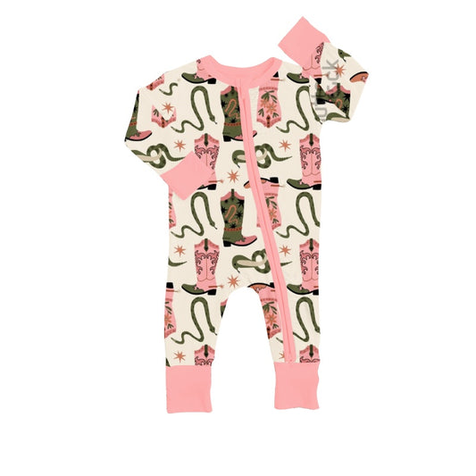 Baby Kids western pink boots Long Sleeve Zip Rompers preorder(moq 5)