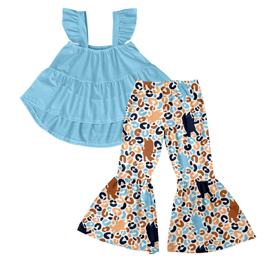 Baby Girls Blue Tunic Cartoon Leopard Dogs Pants Clothes Sets preorder(moq 5)