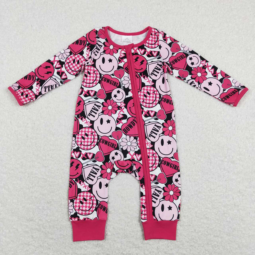 Baby Girls Pink Smile Hearts Long Sleeve Valentines Zip Rompers