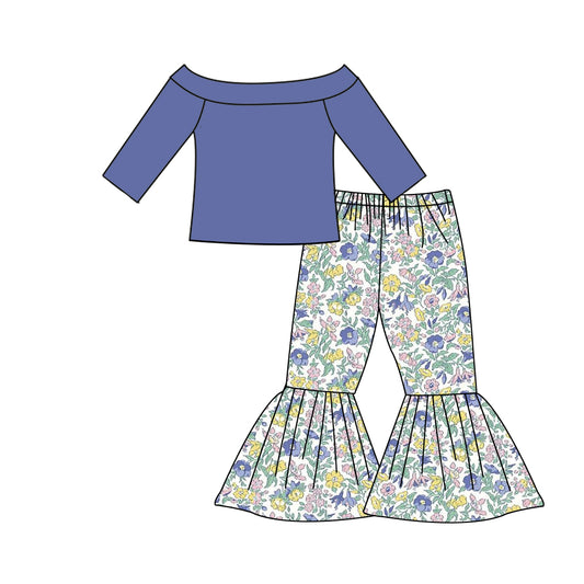 Baby Girls Blue Off Shoulder Shirt Flowers Bell Pants Clothes Sets preorder(moq 5)