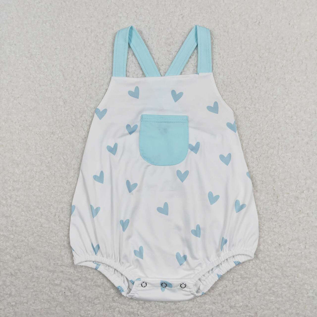 Baby Infant Boys Valentines Blue Hearts Pocket Straps Rompers