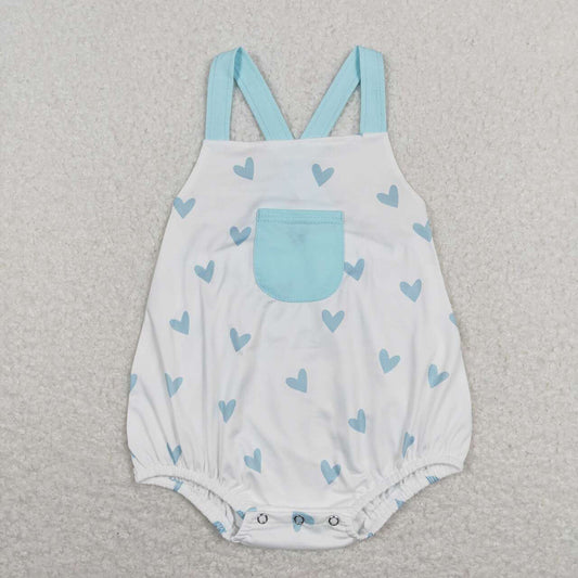 Baby Infant Boys Valentines Blue Hearts Pocket Straps Rompers