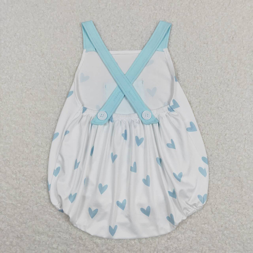 Baby Infant Boys Valentines Blue Hearts Pocket Straps Rompers