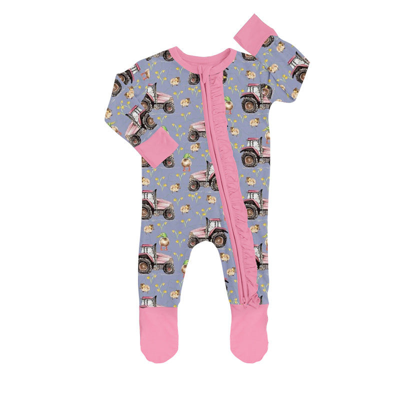 Baby Girls Pink Tractor Long Sleeve Zip Rompers preorder(moq 5)