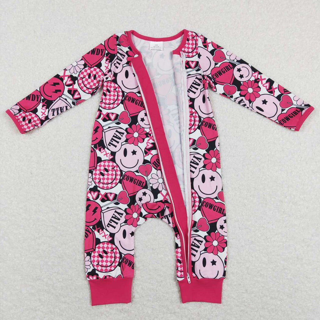 Baby Girls Pink Smile Hearts Long Sleeve Valentines Zip Rompers