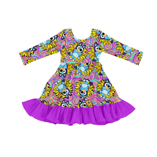 Baby Girls Cartoon Dogs Sunflowers Long Sleeve Knee Length Dresses preorder(moq 5)