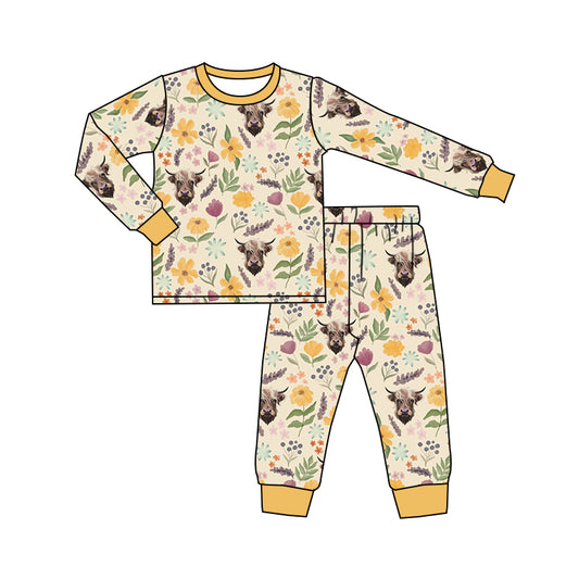 Baby Girls Highland Cow Flowers Pajamas Clothing Sets preorder(moq 5)