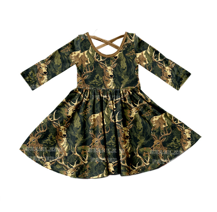 Baby Girls Green Camo Hunting Deer Long Sleeve Twirl Dresses preorder(moq 5)