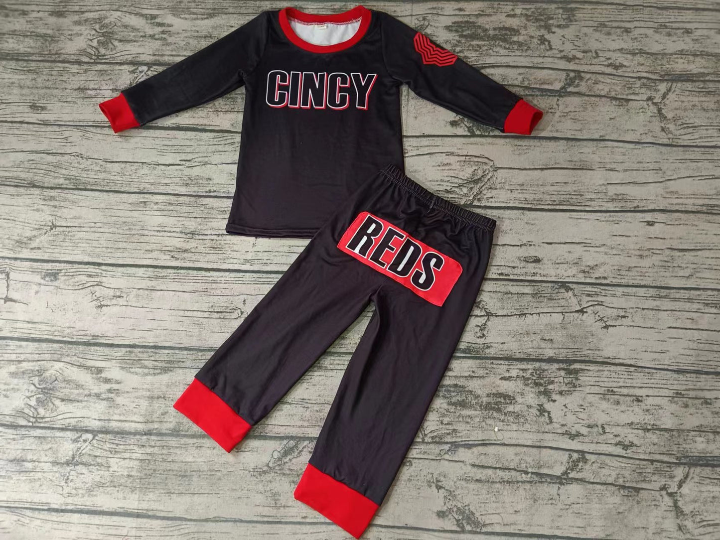 Baby Kids Boys Reds Team Black Tee Pants Pajamas Clothes Sets preorder(moq 5)