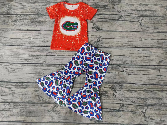 Baby Girls Alligator Team Short Sleeve Tee Leopard Bell Pants Clothing Sets Preorder(moq 5)