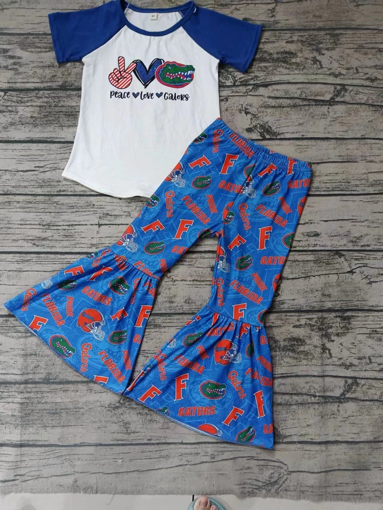 Baby Girls Peace Love Alligator Team Short Sleeve Tee Bell Pants Clothing Sets Preorder(moq 5)
