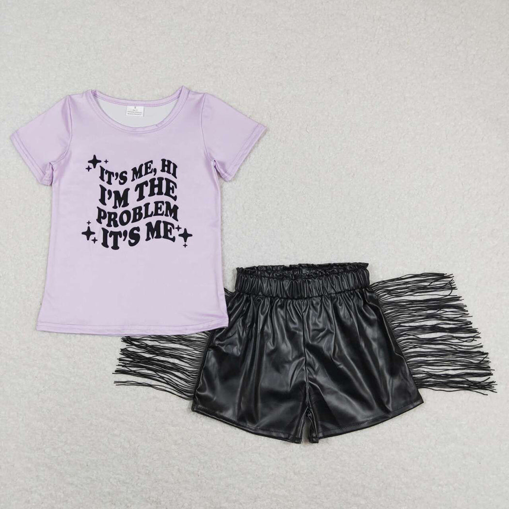 Baby Girls Purple Singer Problem Shirts Tassel Leather Shorts Clothes Sets