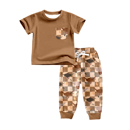 Baby Boys Khaki Shirt Highland Cow Pants Clothes Sets preorder(moq 5)