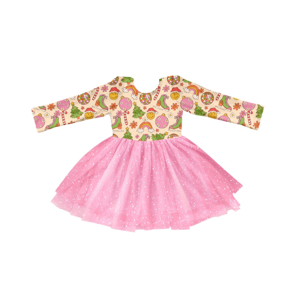 Baby Girls Smile Christmas Pink Ruffle Long Sleeve Tutu Dresses preorder(moq 5)