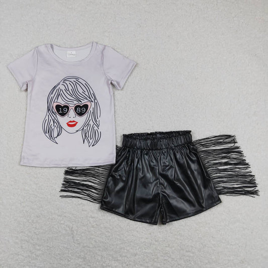 Baby Girls Singer Grey Glasses Shirts Tassel Leather Shorts Clothes Sets