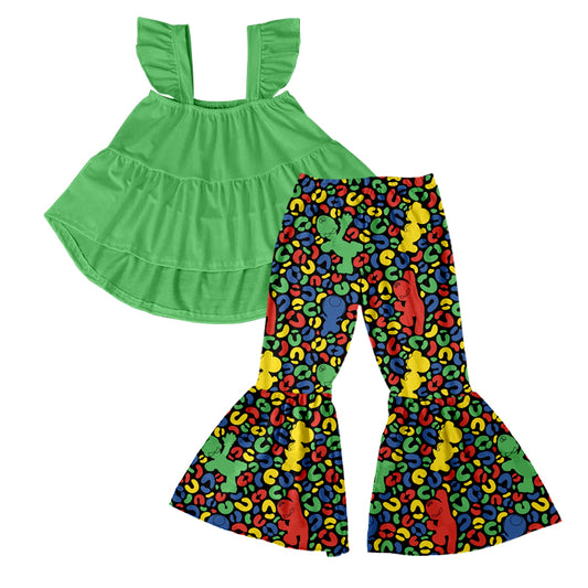 Baby Girls Green Tunic Cartoon Leopard Pants Clothes Sets preorder(moq 5)