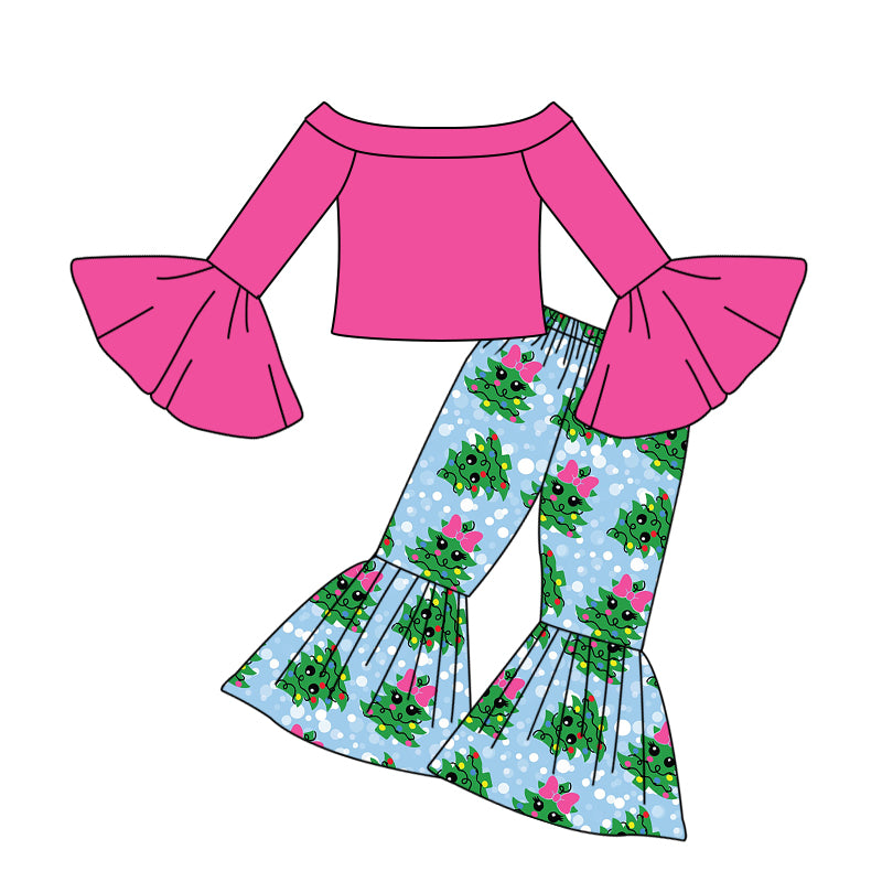 Baby Girls Pink Off Shoulder Shirt Christmas Tree Pants Clothes Sets preorder(moq 5)