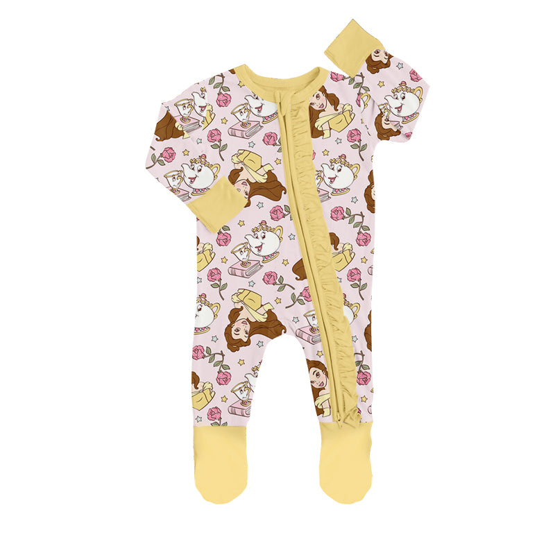 Baby Infant Girls Yellow Princess Zip Footie Rompers preorder(moq 5)