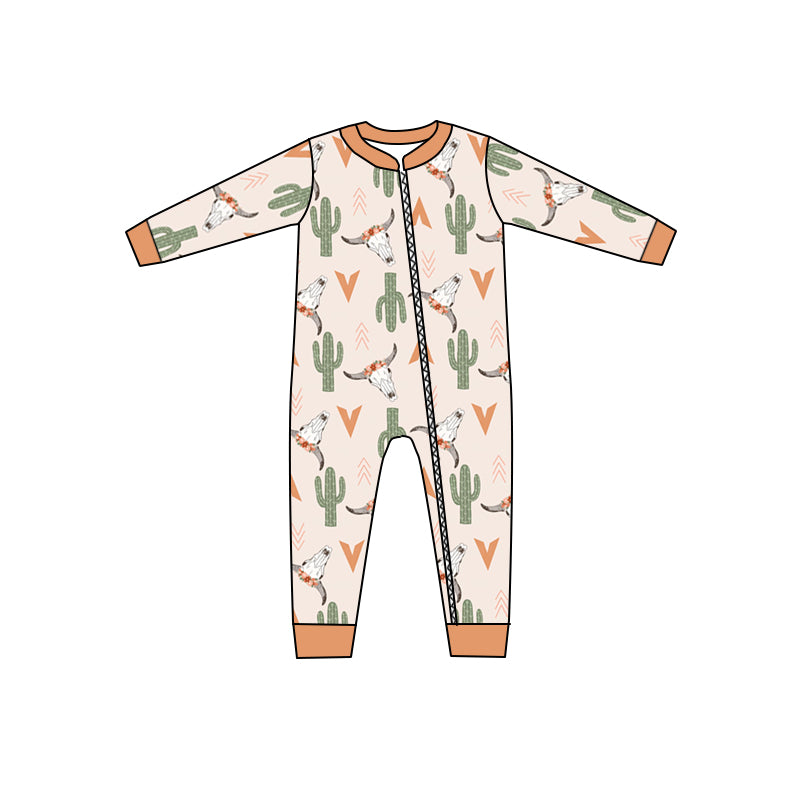 Baby Kids Western Cactus Cow Skull Long Sleeve Zip Rompers preorder(moq 5)