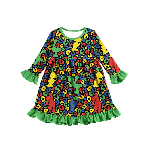 Baby Girls Green Leopard Cartoon Knee Length Dresses preorder(moq 5)