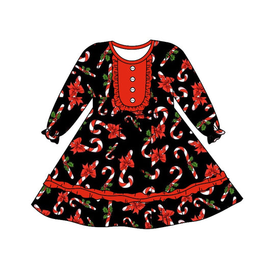 Baby Girls Long Sleeve Christmas Cnady Cane Bow Knee Length Dresses preorder(moq 5)