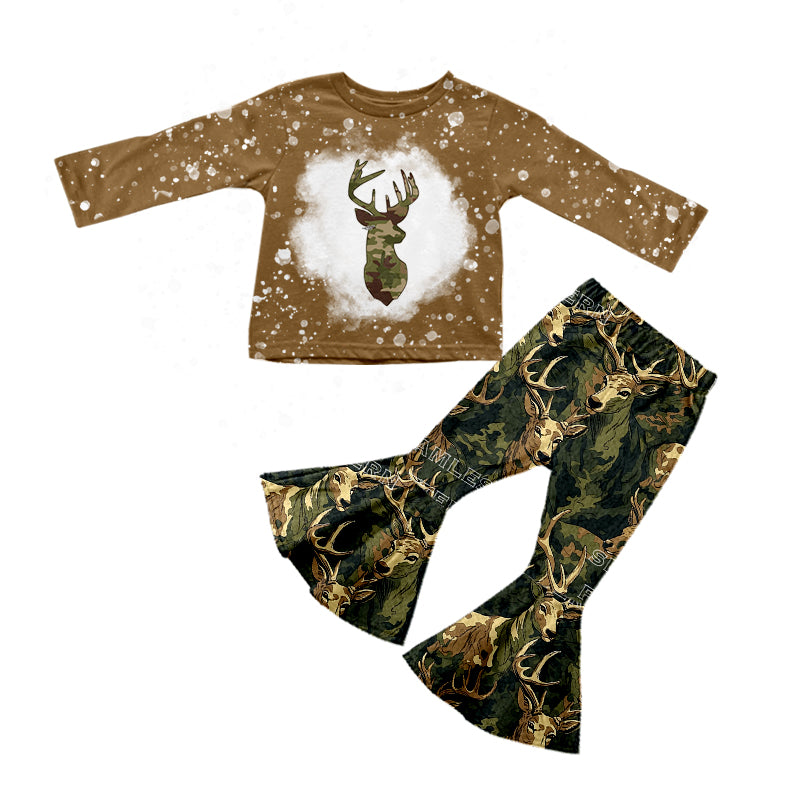 Baby Girls Green Camo Deer Hunting Tee Shirt Bell Pants Clothes Sets preorder(moq 5)