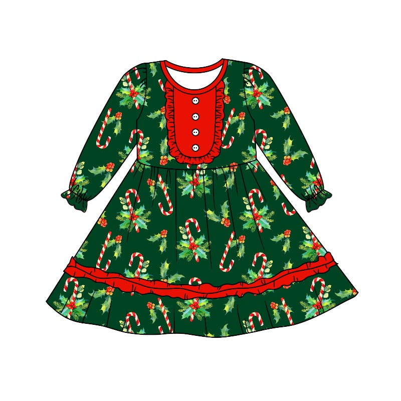 Baby Girls Long Sleeve Christmas Candy Cane Knee Length Dresses preorder(moq 5)