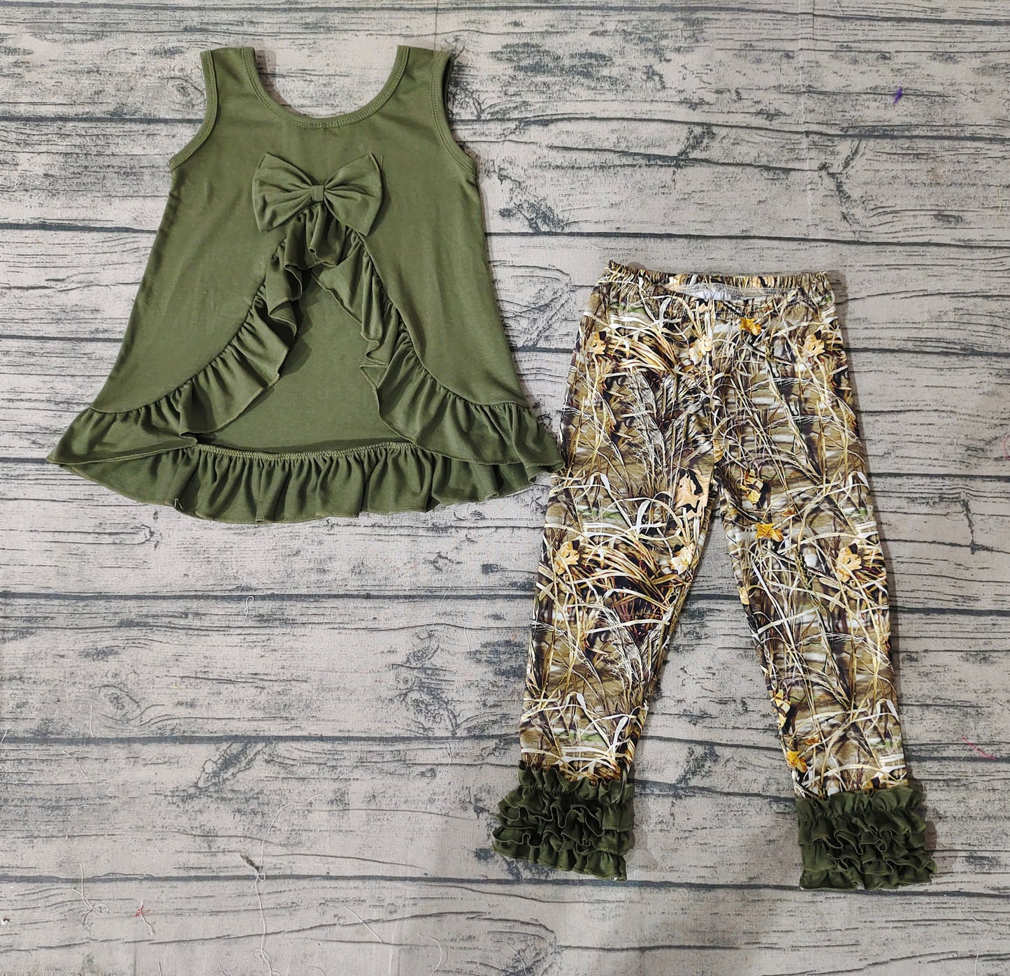 Baby Girls Brown Sleeveless Bow Tunic Icing Ruffle Camo Legging Clothes Sets