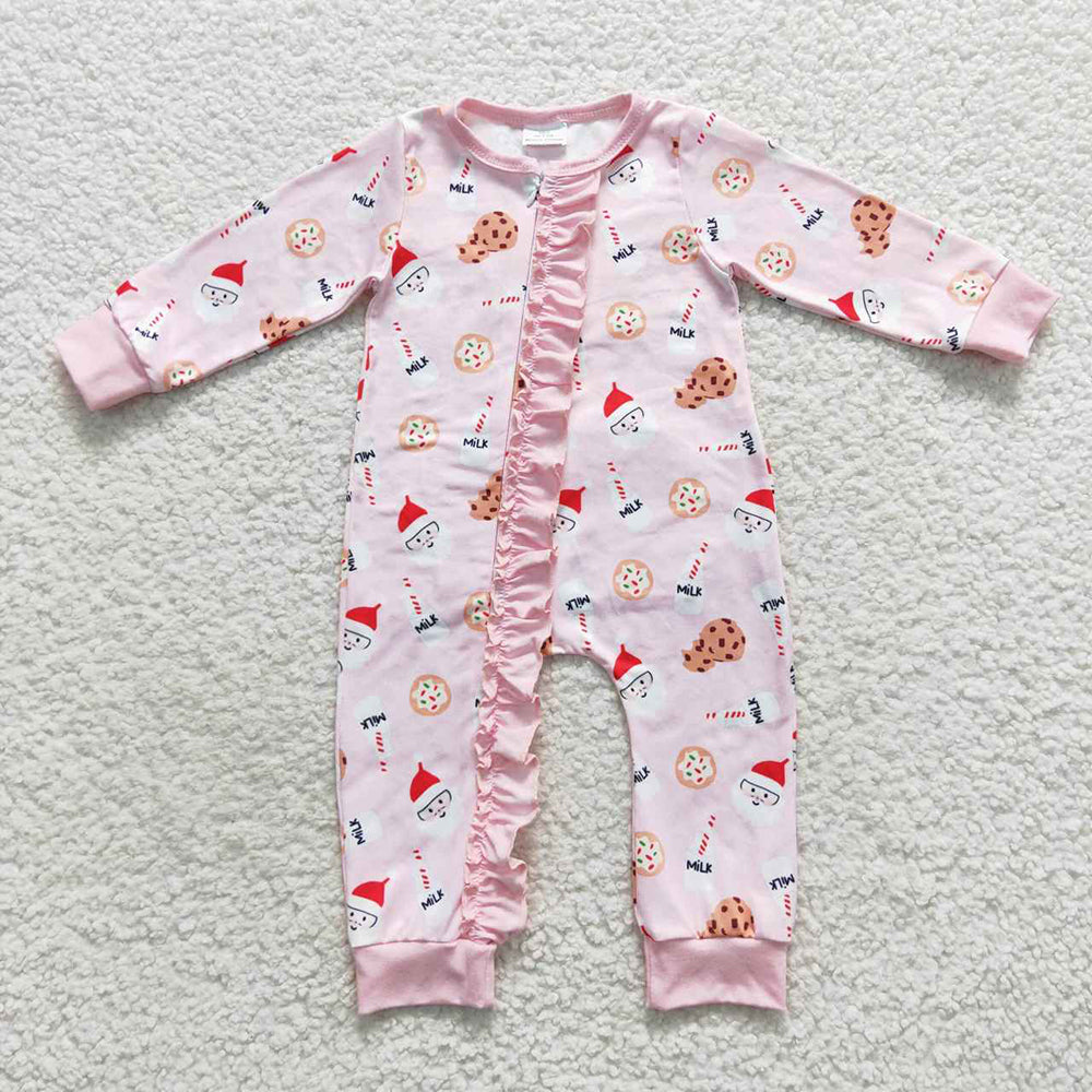 Baby Girls Milk Christmas Cookie Ruffle Zip Rompers