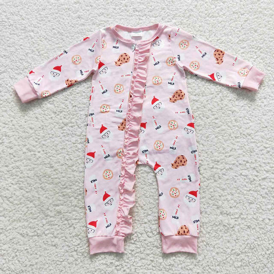 Baby Girls Milk Christmas Cookie Ruffle Zip Rompers