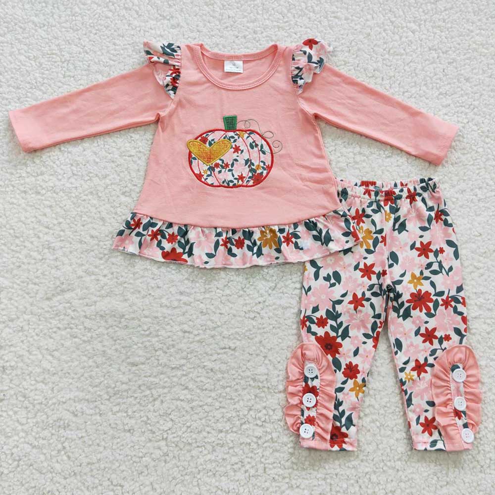 Baby Girls Pink Pumpkin Floral Pants Fall Clothes Sets