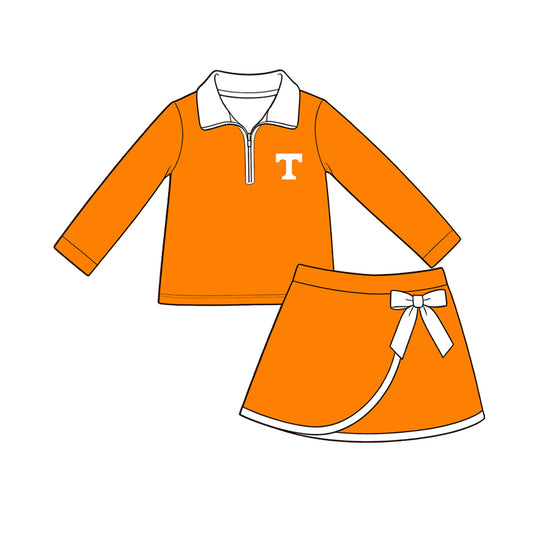 Preorder (moq 5) Baby Girls Tennessee Zip Pullover Bow Skirt Short Team Clothes Set