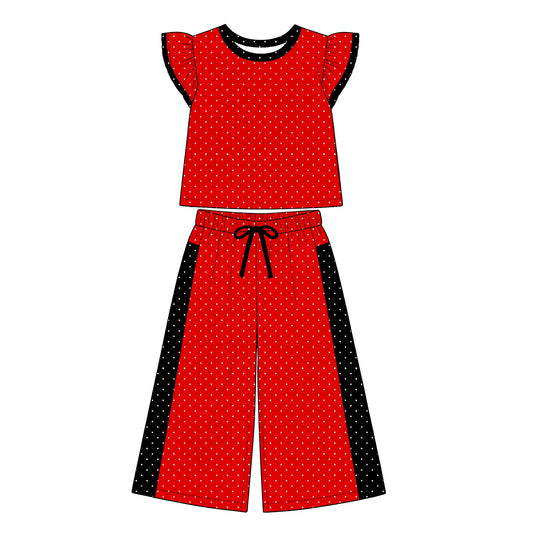Preorder (moq 5)Baby Girls Flutter Sleeve Red Black Polka Dots Top Flare Pant Clothes Sets