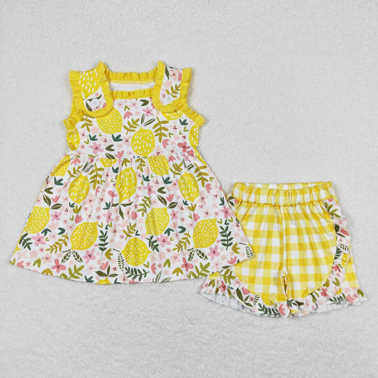 Baby Girls Lemon Flowers Tunic Ruffle Shorts Clothes Sets