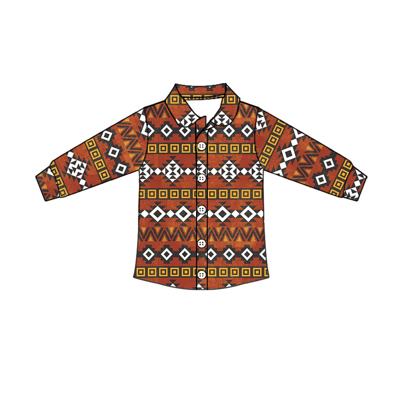 Baby Girls Western Brown Aztec Long Sleeve Buttons Shirts Tops preorder(moq 5)