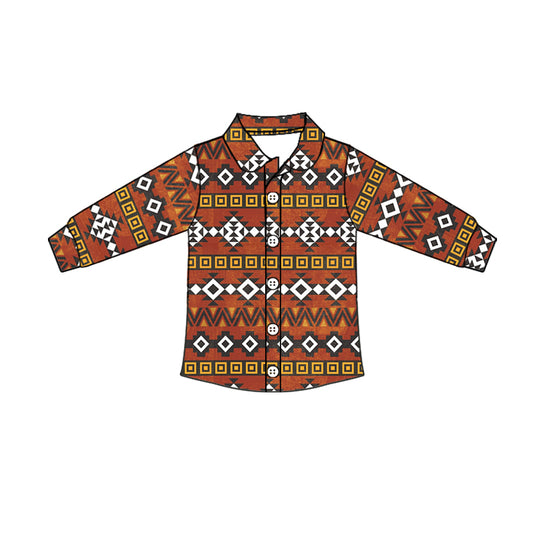 Baby Girls Western Brown Aztec Long Sleeve Buttons Shirts Tops preorder(moq 5)