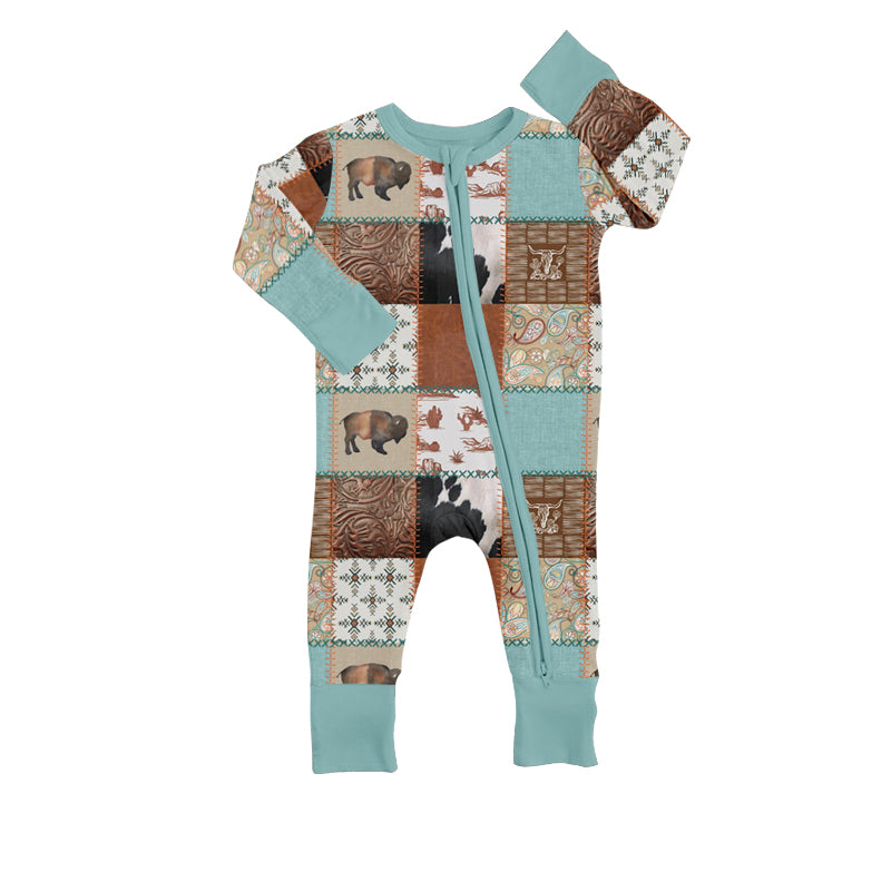 Baby Kids Zip Western Cows Long Sleeve Rompers preorder(moq 5)