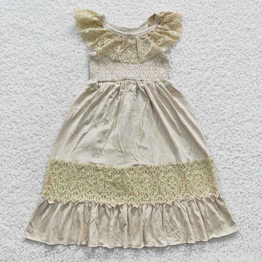 Baby Girls Beigh Lace Linen Long Ruffle Dresses