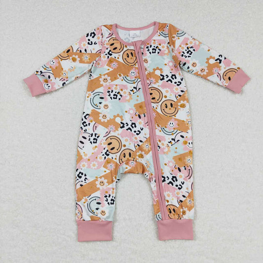 Baby Girls Smile Leopard Zip Long Sleeve Sleepers Rompers